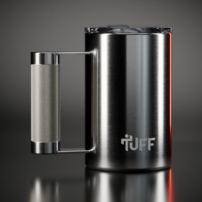 Tuff Mug in stainless steel, lid on