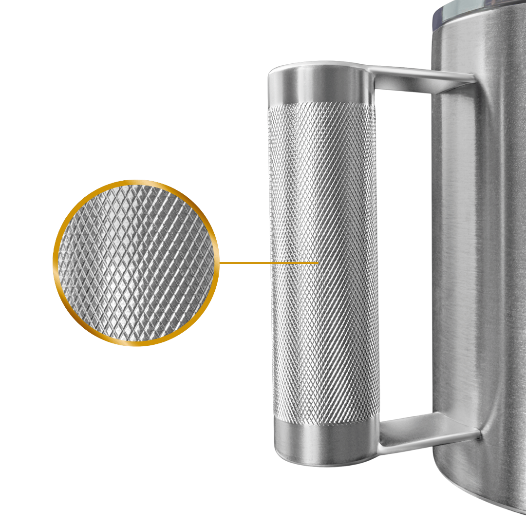 Close-up of the knurled barbell-style handle showing grip texture and build detail
