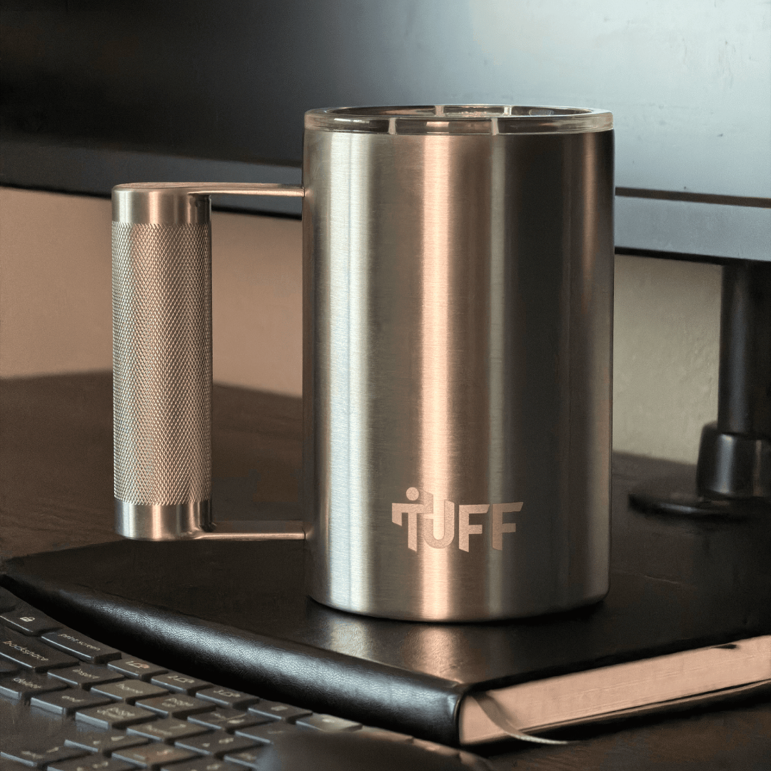 Tuff Mug 16oz stainless mug with patented barbell-style knurled handle