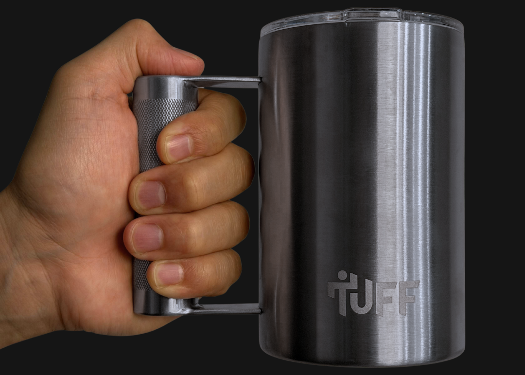 Hand holding the Tuff Mug showing full knuckle clearance and comfortable barbell grip