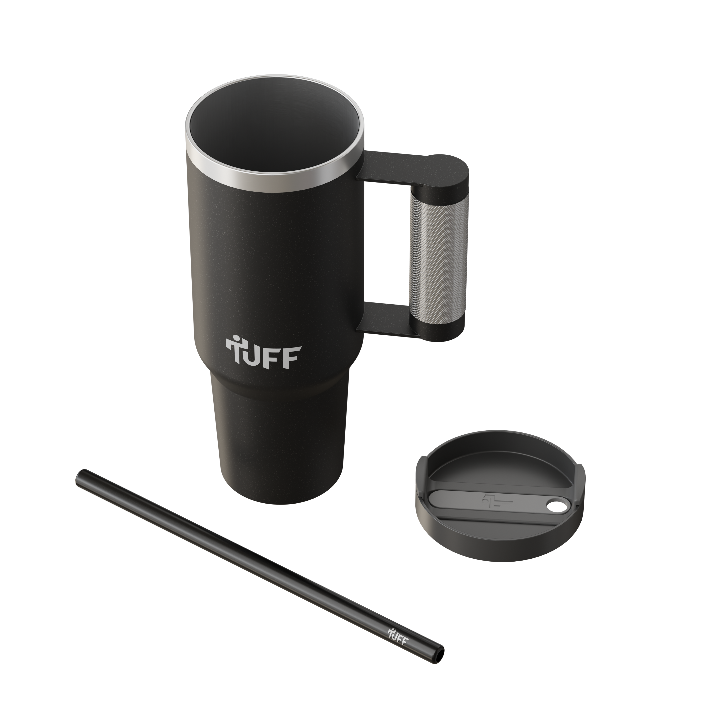 Black travel mug with handle, straw, and lid on a white background