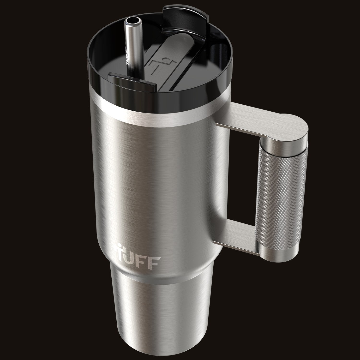 The silver 40 oz Tuff Tumbler at full height with its lid and straw fitted.